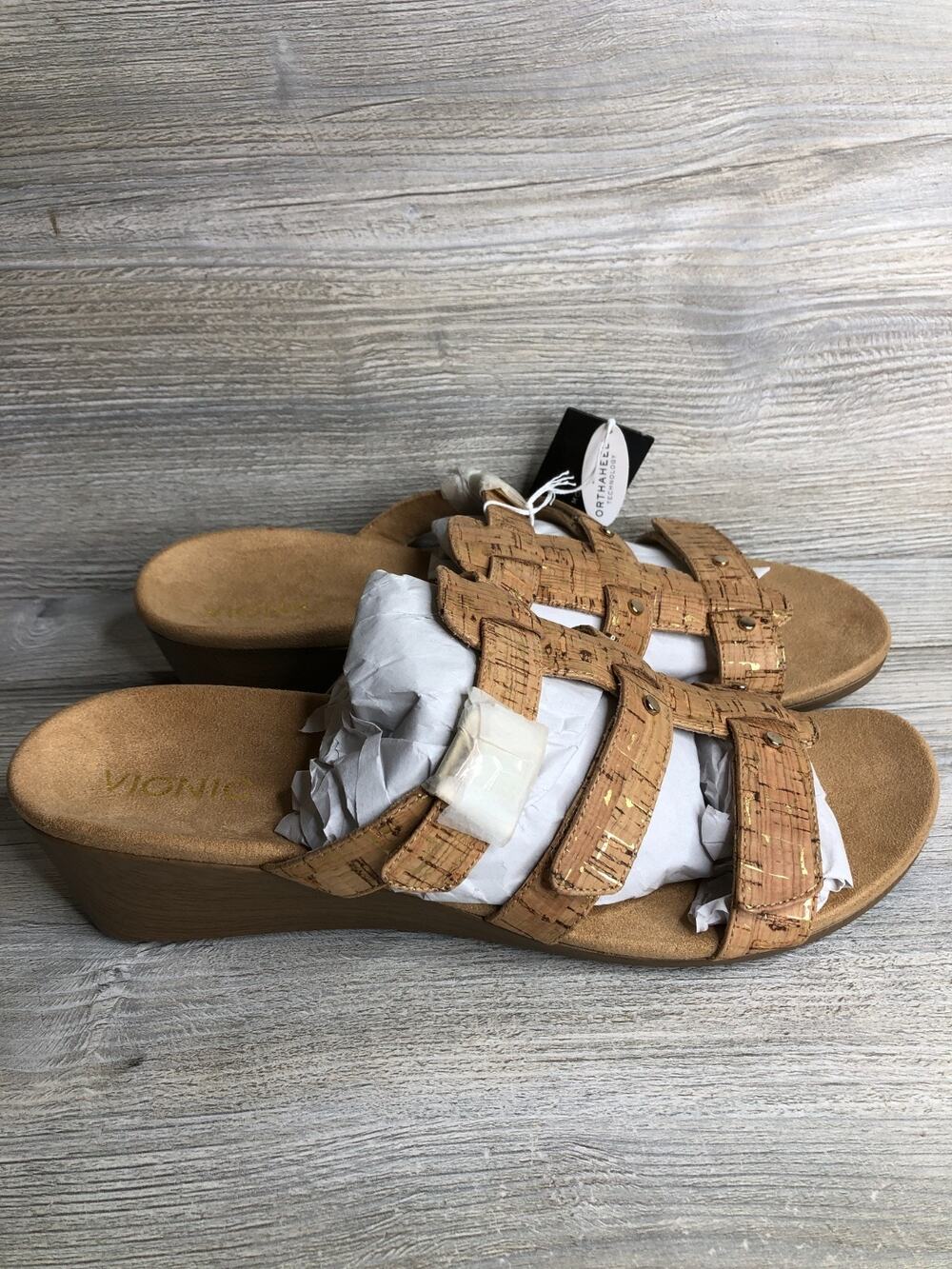 VIONIC Womens Size 12 Cork Gold Tan Slide Wedge Comfort Sandals Adjustable NEW